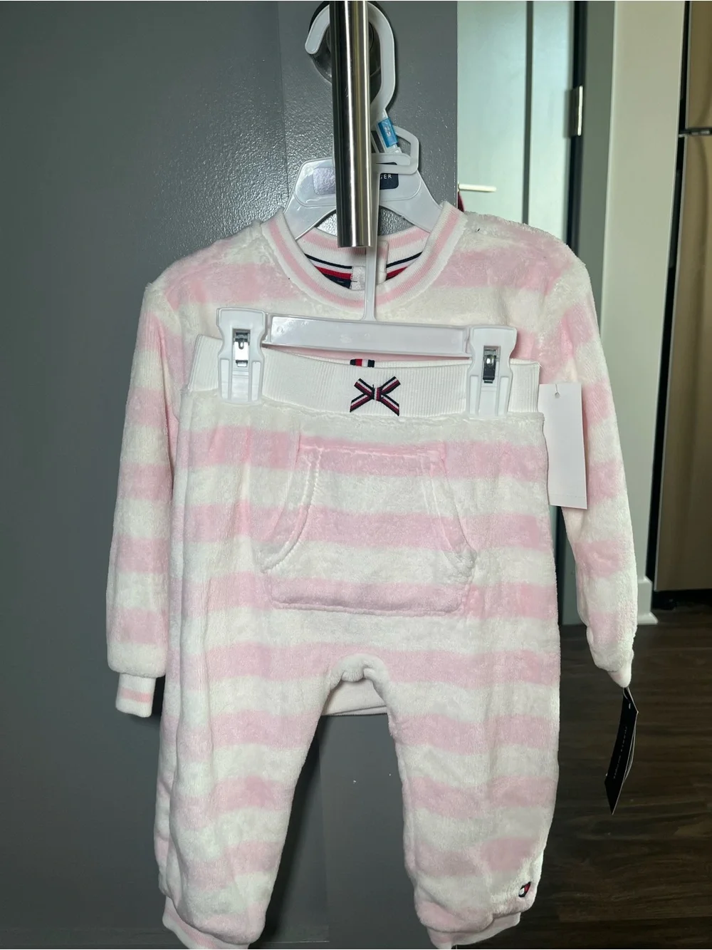 Tommy Hilfiger Pink & White Striped Plush Lounge Set with Embroidered H
